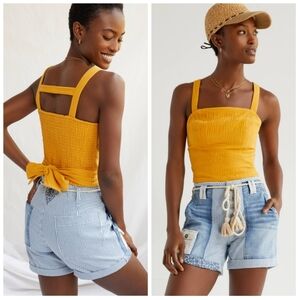 Anthropologie Mustard Yellow Boho Festival Cotton Gauze Crop Smock Tank Top L